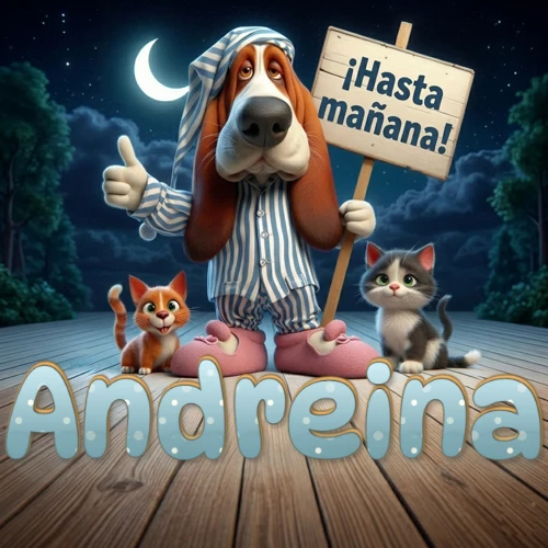 Perro con pijama de rayas y gorro de dormir, parado junto a dos gatitos pequeños sosteniendo un cartel de madera con la frase '¡Hasta mañana!', en un paisaje nocturno exterior bajo la luz de la media luna. El nombre está escrito con letra celeste punteada en blanco en el primer plano sobre el piso de madera. Nombre personalizado: Andreina. Perro con pijama de rayas y gorro de dormir, parado junto a dos gatitos pequeños sosteniendo un cartel de madera con la frase '¡Hasta mañana!', en un paisaje nocturno exterior bajo la luz de la media luna. El nombre está escrito con letra celeste punteada en blanco en el primer plano sobre el piso de madera. Nombre personalizado: Andreina.