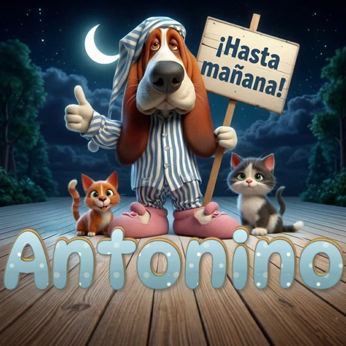 Perro con pijama de rayas y gorro de dormir, parado junto a dos gatitos pequeños sosteniendo un cartel de madera con la frase '¡Hasta mañana!', en un paisaje nocturno exterior bajo la luz de la media luna. El nombre está escrito con letra celeste punteada en blanco en el primer plano sobre el piso de madera. Nombre personalizado: Antonino. Perro con pijama de rayas y gorro de dormir, parado junto a dos gatitos pequeños sosteniendo un cartel de madera con la frase '¡Hasta mañana!', en un paisaje nocturno exterior bajo la luz de la media luna. El nombre está escrito con letra celeste punteada en blanco en el primer plano sobre el piso de madera. Nombre personalizado: Antonino.