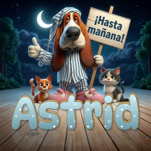 Perro con pijama de rayas y gorro de dormir, parado junto a dos gatitos pequeños sosteniendo un cartel de madera con la frase '¡Hasta mañana!', en un paisaje nocturno exterior bajo la luz de la media luna. El nombre está escrito con letra celeste punteada en blanco en el primer plano sobre el piso de madera. Nombre personalizado: Astrid. Perro con pijama de rayas y gorro de dormir, parado junto a dos gatitos pequeños sosteniendo un cartel de madera con la frase '¡Hasta mañana!', en un paisaje nocturno exterior bajo la luz de la media luna. El nombre está escrito con letra celeste punteada en blanco en el primer plano sobre el piso de madera. Nombre personalizado: Astrid.