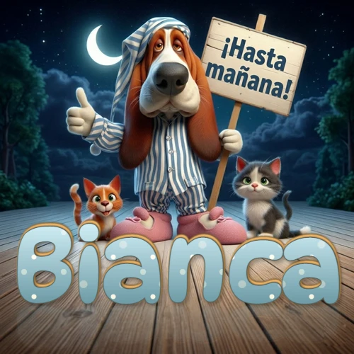 Perro con pijama de rayas y gorro de dormir, parado junto a dos gatitos pequeños sosteniendo un cartel de madera con la frase '¡Hasta mañana!', en un paisaje nocturno exterior bajo la luz de la media luna. El nombre está escrito con letra celeste punteada en blanco en el primer plano sobre el piso de madera. Nombre personalizado: Bianca.