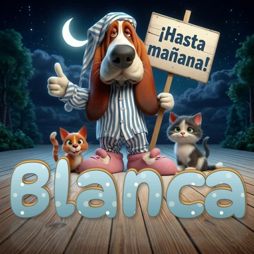 Perro con pijama de rayas y gorro de dormir, parado junto a dos gatitos pequeños sosteniendo un cartel de madera con la frase '¡Hasta mañana!', en un paisaje nocturno exterior bajo la luz de la media luna. El nombre está escrito con letra celeste punteada en blanco en el primer plano sobre el piso de madera. Nombre personalizado: Blanca. Perro con pijama de rayas y gorro de dormir, parado junto a dos gatitos pequeños sosteniendo un cartel de madera con la frase '¡Hasta mañana!', en un paisaje nocturno exterior bajo la luz de la media luna. El nombre está escrito con letra celeste punteada en blanco en el primer plano sobre el piso de madera. Nombre personalizado: Blanca.
