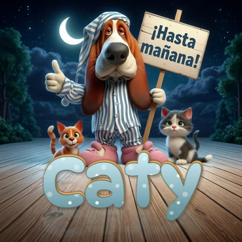 Perro con pijama de rayas y gorro de dormir, parado junto a dos gatitos pequeños sosteniendo un cartel de madera con la frase '¡Hasta mañana!', en un paisaje nocturno exterior bajo la luz de la media luna. El nombre está escrito con letra celeste punteada en blanco en el primer plano sobre el piso de madera. Nombre personalizado: Caty. Perro con pijama de rayas y gorro de dormir, parado junto a dos gatitos pequeños sosteniendo un cartel de madera con la frase '¡Hasta mañana!', en un paisaje nocturno exterior bajo la luz de la media luna. El nombre está escrito con letra celeste punteada en blanco en el primer plano sobre el piso de madera. Nombre personalizado: Caty.