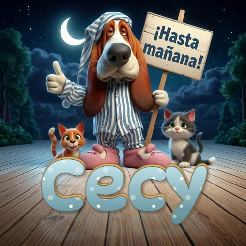 Perro con pijama de rayas y gorro de dormir, parado junto a dos gatitos pequeños sosteniendo un cartel de madera con la frase '¡Hasta mañana!', en un paisaje nocturno exterior bajo la luz de la media luna. El nombre está escrito con letra celeste punteada en blanco en el primer plano sobre el piso de madera. Nombre personalizado: Cecy.