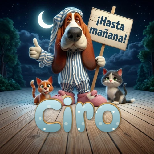Perro con pijama de rayas y gorro de dormir, parado junto a dos gatitos pequeños sosteniendo un cartel de madera con la frase '¡Hasta mañana!', en un paisaje nocturno exterior bajo la luz de la media luna. El nombre está escrito con letra celeste punteada en blanco en el primer plano sobre el piso de madera. Nombre personalizado: Ciro.