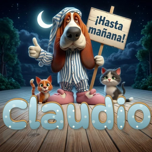 Perro con pijama de rayas y gorro de dormir, parado junto a dos gatitos pequeños sosteniendo un cartel de madera con la frase '¡Hasta mañana!', en un paisaje nocturno exterior bajo la luz de la media luna. El nombre está escrito con letra celeste punteada en blanco en el primer plano sobre el piso de madera. Nombre personalizado: Claudio.
