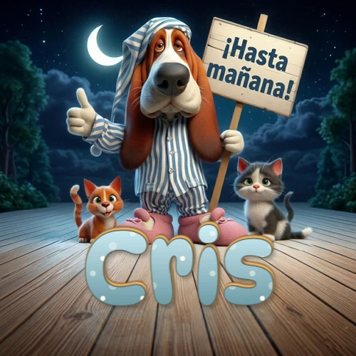 Perro con pijama de rayas y gorro de dormir, parado junto a dos gatitos pequeños sosteniendo un cartel de madera con la frase '¡Hasta mañana!', en un paisaje nocturno exterior bajo la luz de la media luna. El nombre está escrito con letra celeste punteada en blanco en el primer plano sobre el piso de madera. Nombre personalizado: Cris.