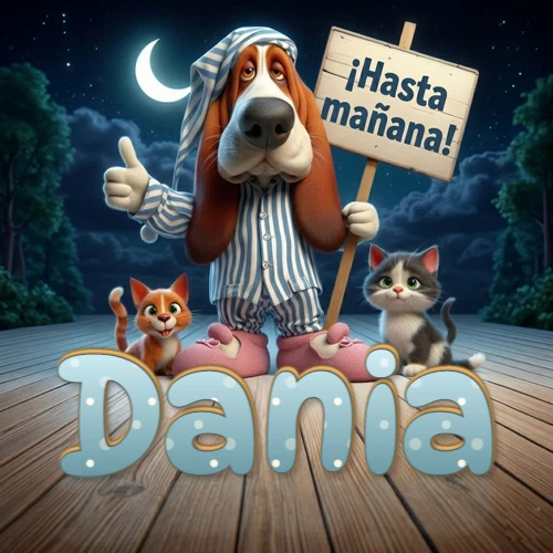 Perro con pijama de rayas y gorro de dormir, parado junto a dos gatitos pequeños sosteniendo un cartel de madera con la frase '¡Hasta mañana!', en un paisaje nocturno exterior bajo la luz de la media luna. El nombre está escrito con letra celeste punteada en blanco en el primer plano sobre el piso de madera. Nombre personalizado: Dania.