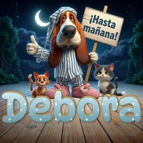 Perro con pijama de rayas y gorro de dormir, parado junto a dos gatitos pequeños sosteniendo un cartel de madera con la frase '¡Hasta mañana!', en un paisaje nocturno exterior bajo la luz de la media luna. El nombre está escrito con letra celeste punteada en blanco en el primer plano sobre el piso de madera. Nombre personalizado: Debora.
