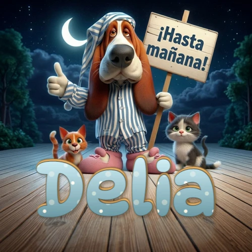 Perro con pijama de rayas y gorro de dormir, parado junto a dos gatitos pequeños sosteniendo un cartel de madera con la frase '¡Hasta mañana!', en un paisaje nocturno exterior bajo la luz de la media luna. El nombre está escrito con letra celeste punteada en blanco en el primer plano sobre el piso de madera. Nombre personalizado: Delia. Perro con pijama de rayas y gorro de dormir, parado junto a dos gatitos pequeños sosteniendo un cartel de madera con la frase '¡Hasta mañana!', en un paisaje nocturno exterior bajo la luz de la media luna. El nombre está escrito con letra celeste punteada en blanco en el primer plano sobre el piso de madera. Nombre personalizado: Delia.