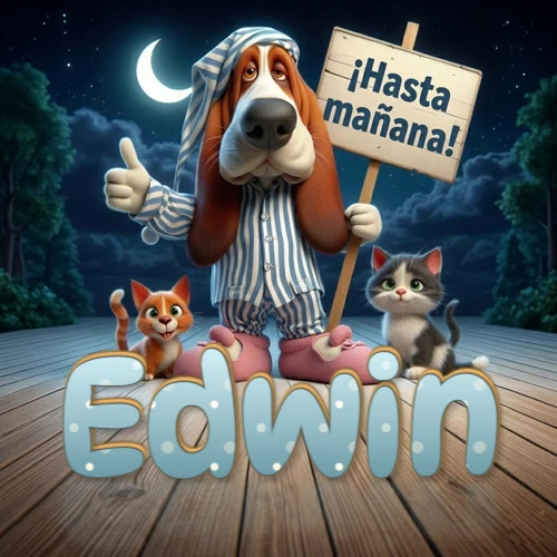 Perro con pijama de rayas y gorro de dormir, parado junto a dos gatitos pequeños sosteniendo un cartel de madera con la frase '¡Hasta mañana!', en un paisaje nocturno exterior bajo la luz de la media luna. El nombre está escrito con letra celeste punteada en blanco en el primer plano sobre el piso de madera. Nombre personalizado: Edwin.