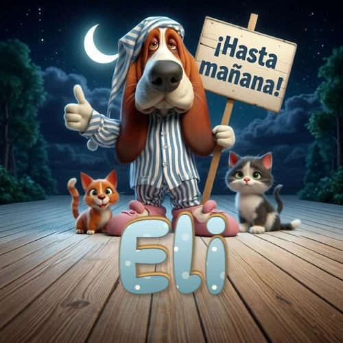 Perro con pijama de rayas y gorro de dormir, parado junto a dos gatitos pequeños sosteniendo un cartel de madera con la frase '¡Hasta mañana!', en un paisaje nocturno exterior bajo la luz de la media luna. El nombre está escrito con letra celeste punteada en blanco en el primer plano sobre el piso de madera. Nombre personalizado: Eli.
