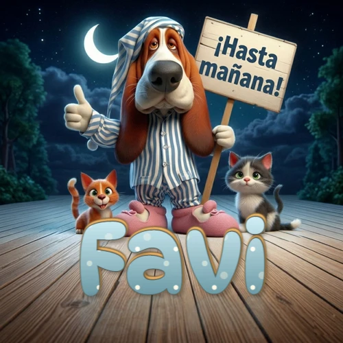Perro con pijama de rayas y gorro de dormir, parado junto a dos gatitos pequeños sosteniendo un cartel de madera con la frase '¡Hasta mañana!', en un paisaje nocturno exterior bajo la luz de la media luna. El nombre está escrito con letra celeste punteada en blanco en el primer plano sobre el piso de madera. Nombre personalizado: Favi.