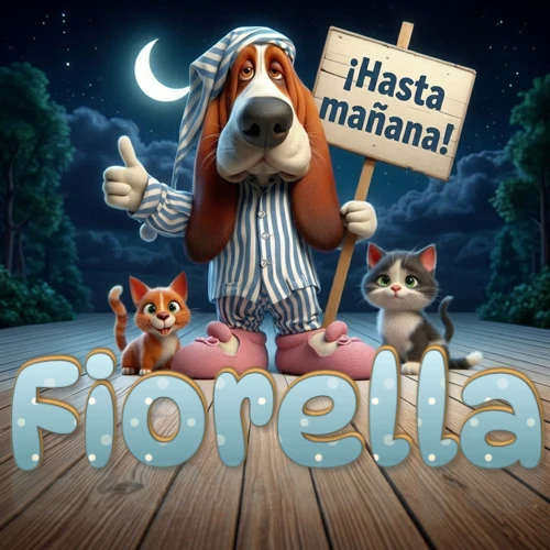 Perro con pijama de rayas y gorro de dormir, parado junto a dos gatitos pequeños sosteniendo un cartel de madera con la frase '¡Hasta mañana!', en un paisaje nocturno exterior bajo la luz de la media luna. El nombre está escrito con letra celeste punteada en blanco en el primer plano sobre el piso de madera. Nombre personalizado: Fiorella.