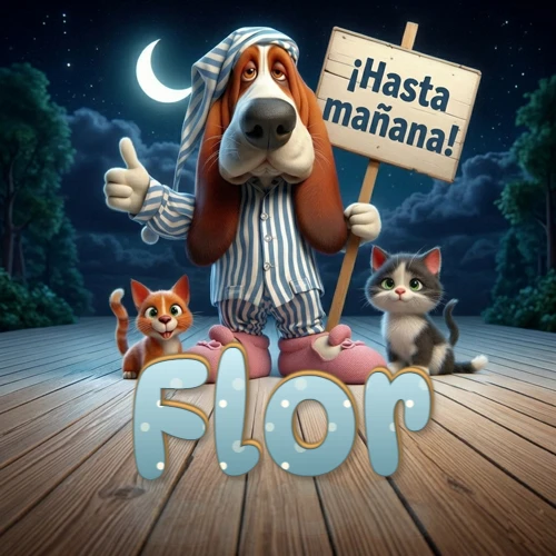 Perro con pijama de rayas y gorro de dormir, parado junto a dos gatitos pequeños sosteniendo un cartel de madera con la frase '¡Hasta mañana!', en un paisaje nocturno exterior bajo la luz de la media luna. El nombre está escrito con letra celeste punteada en blanco en el primer plano sobre el piso de madera. Nombre personalizado: Flor.