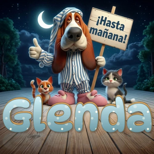 Perro con pijama de rayas y gorro de dormir, parado junto a dos gatitos pequeños sosteniendo un cartel de madera con la frase '¡Hasta mañana!', en un paisaje nocturno exterior bajo la luz de la media luna. El nombre está escrito con letra celeste punteada en blanco en el primer plano sobre el piso de madera. Nombre personalizado: Glenda.