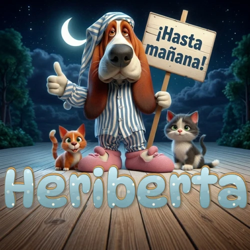 Perro con pijama de rayas y gorro de dormir, parado junto a dos gatitos pequeños sosteniendo un cartel de madera con la frase '¡Hasta mañana!', en un paisaje nocturno exterior bajo la luz de la media luna. El nombre está escrito con letra celeste punteada en blanco en el primer plano sobre el piso de madera. Nombre personalizado: Heriberta.