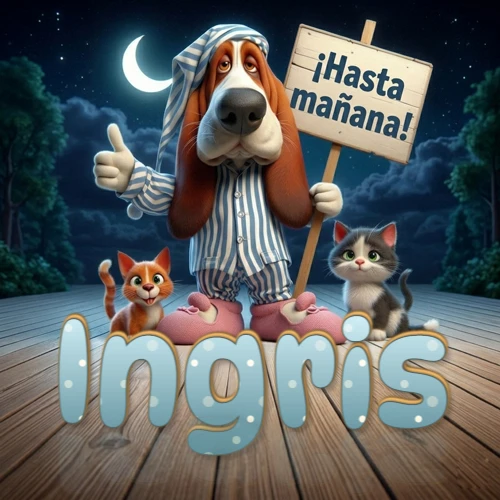 Perro con pijama de rayas y gorro de dormir, parado junto a dos gatitos pequeños sosteniendo un cartel de madera con la frase '¡Hasta mañana!', en un paisaje nocturno exterior bajo la luz de la media luna. El nombre está escrito con letra celeste punteada en blanco en el primer plano sobre el piso de madera. Nombre personalizado: Ingris.