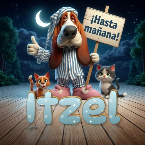 Perro con pijama de rayas y gorro de dormir, parado junto a dos gatitos pequeños sosteniendo un cartel de madera con la frase '¡Hasta mañana!', en un paisaje nocturno exterior bajo la luz de la media luna. El nombre está escrito con letra celeste punteada en blanco en el primer plano sobre el piso de madera. Nombre personalizado: Itzel.