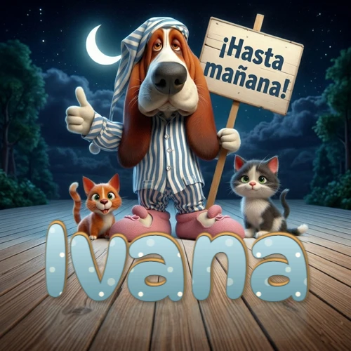 Perro con pijama de rayas y gorro de dormir, parado junto a dos gatitos pequeños sosteniendo un cartel de madera con la frase '¡Hasta mañana!', en un paisaje nocturno exterior bajo la luz de la media luna. El nombre está escrito con letra celeste punteada en blanco en el primer plano sobre el piso de madera. Nombre personalizado: Ivana.