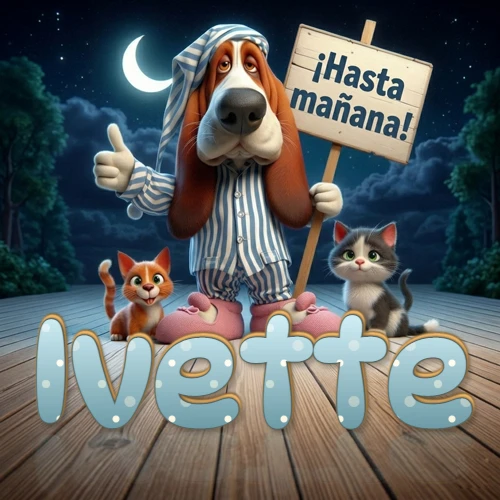 Perro con pijama de rayas y gorro de dormir, parado junto a dos gatitos pequeños sosteniendo un cartel de madera con la frase '¡Hasta mañana!', en un paisaje nocturno exterior bajo la luz de la media luna. El nombre está escrito con letra celeste punteada en blanco en el primer plano sobre el piso de madera. Nombre personalizado: Ivette.