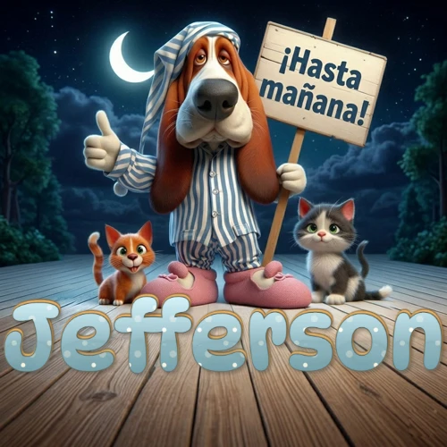 Perro con pijama de rayas y gorro de dormir, parado junto a dos gatitos pequeños sosteniendo un cartel de madera con la frase '¡Hasta mañana!', en un paisaje nocturno exterior bajo la luz de la media luna. El nombre está escrito con letra celeste punteada en blanco en el primer plano sobre el piso de madera. Nombre personalizado: Jefferson.