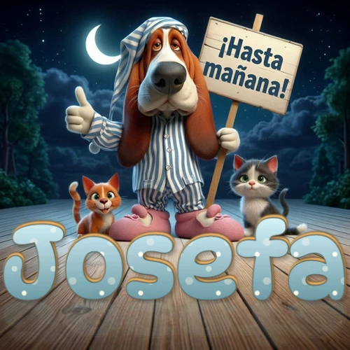 Perro con pijama de rayas y gorro de dormir, parado junto a dos gatitos pequeños sosteniendo un cartel de madera con la frase '¡Hasta mañana!', en un paisaje nocturno exterior bajo la luz de la media luna. El nombre está escrito con letra celeste punteada en blanco en el primer plano sobre el piso de madera. Nombre personalizado: Josefa. Perro con pijama de rayas y gorro de dormir, parado junto a dos gatitos pequeños sosteniendo un cartel de madera con la frase '¡Hasta mañana!', en un paisaje nocturno exterior bajo la luz de la media luna. El nombre está escrito con letra celeste punteada en blanco en el primer plano sobre el piso de madera. Nombre personalizado: Josefa.