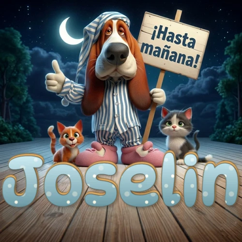 Perro con pijama de rayas y gorro de dormir, parado junto a dos gatitos pequeños sosteniendo un cartel de madera con la frase '¡Hasta mañana!', en un paisaje nocturno exterior bajo la luz de la media luna. El nombre está escrito con letra celeste punteada en blanco en el primer plano sobre el piso de madera. Nombre personalizado: Joselin.