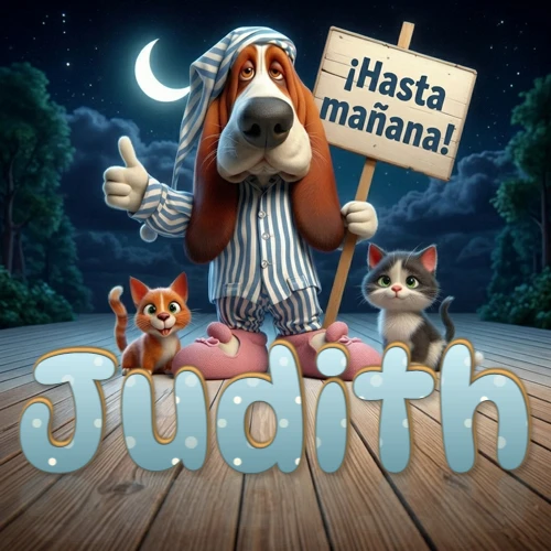 Perro con pijama de rayas y gorro de dormir, parado junto a dos gatitos pequeños sosteniendo un cartel de madera con la frase '¡Hasta mañana!', en un paisaje nocturno exterior bajo la luz de la media luna. El nombre está escrito con letra celeste punteada en blanco en el primer plano sobre el piso de madera. Nombre personalizado: Judith.