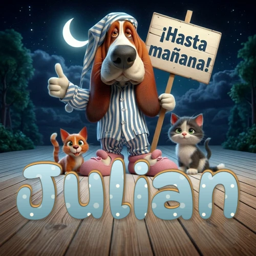 Perro con pijama de rayas y gorro de dormir, parado junto a dos gatitos pequeños sosteniendo un cartel de madera con la frase '¡Hasta mañana!', en un paisaje nocturno exterior bajo la luz de la media luna. El nombre está escrito con letra celeste punteada en blanco en el primer plano sobre el piso de madera. Nombre personalizado: Julian.