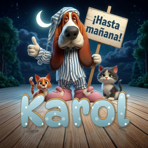 Perro con pijama de rayas y gorro de dormir, parado junto a dos gatitos pequeños sosteniendo un cartel de madera con la frase '¡Hasta mañana!', en un paisaje nocturno exterior bajo la luz de la media luna. El nombre está escrito con letra celeste punteada en blanco en el primer plano sobre el piso de madera. Nombre personalizado: Karol.
