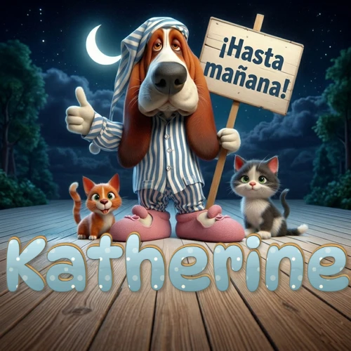 Perro con pijama de rayas y gorro de dormir, parado junto a dos gatitos pequeños sosteniendo un cartel de madera con la frase '¡Hasta mañana!', en un paisaje nocturno exterior bajo la luz de la media luna. El nombre está escrito con letra celeste punteada en blanco en el primer plano sobre el piso de madera. Nombre personalizado: Katherine.