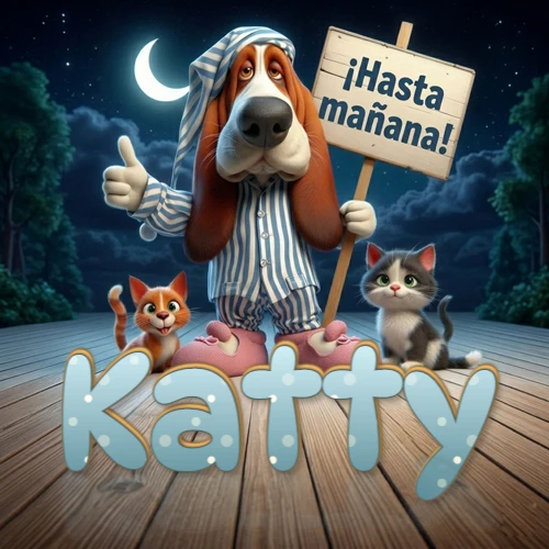 Perro con pijama de rayas y gorro de dormir, parado junto a dos gatitos pequeños sosteniendo un cartel de madera con la frase '¡Hasta mañana!', en un paisaje nocturno exterior bajo la luz de la media luna. El nombre está escrito con letra celeste punteada en blanco en el primer plano sobre el piso de madera. Nombre personalizado: Katty. Perro con pijama de rayas y gorro de dormir, parado junto a dos gatitos pequeños sosteniendo un cartel de madera con la frase '¡Hasta mañana!', en un paisaje nocturno exterior bajo la luz de la media luna. El nombre está escrito con letra celeste punteada en blanco en el primer plano sobre el piso de madera. Nombre personalizado: Katty.