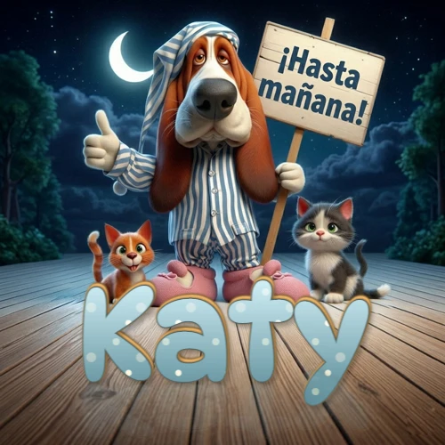 Perro con pijama de rayas y gorro de dormir, parado junto a dos gatitos pequeños sosteniendo un cartel de madera con la frase '¡Hasta mañana!', en un paisaje nocturno exterior bajo la luz de la media luna. El nombre está escrito con letra celeste punteada en blanco en el primer plano sobre el piso de madera. Nombre personalizado: Katy.