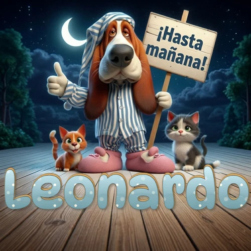 Perro con pijama de rayas y gorro de dormir, parado junto a dos gatitos pequeños sosteniendo un cartel de madera con la frase '¡Hasta mañana!', en un paisaje nocturno exterior bajo la luz de la media luna. El nombre está escrito con letra celeste punteada en blanco en el primer plano sobre el piso de madera. Nombre personalizado: Leonardo.