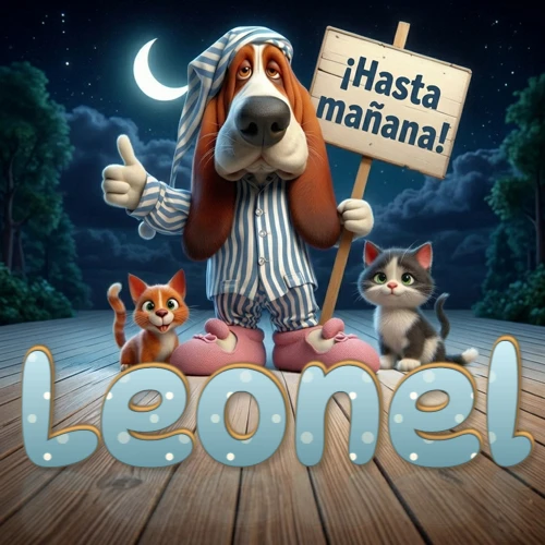 Perro con pijama de rayas y gorro de dormir, parado junto a dos gatitos pequeños sosteniendo un cartel de madera con la frase '¡Hasta mañana!', en un paisaje nocturno exterior bajo la luz de la media luna. El nombre está escrito con letra celeste punteada en blanco en el primer plano sobre el piso de madera. Nombre personalizado: Leonel. Perro con pijama de rayas y gorro de dormir, parado junto a dos gatitos pequeños sosteniendo un cartel de madera con la frase '¡Hasta mañana!', en un paisaje nocturno exterior bajo la luz de la media luna. El nombre está escrito con letra celeste punteada en blanco en el primer plano sobre el piso de madera. Nombre personalizado: Leonel.