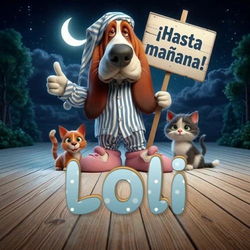 Perro con pijama de rayas y gorro de dormir, parado junto a dos gatitos pequeños sosteniendo un cartel de madera con la frase '¡Hasta mañana!', en un paisaje nocturno exterior bajo la luz de la media luna. El nombre está escrito con letra celeste punteada en blanco en el primer plano sobre el piso de madera. Nombre personalizado: Loli.