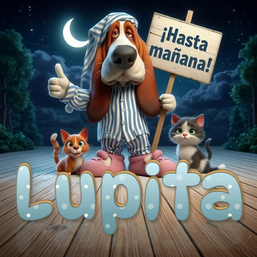 Perro con pijama de rayas y gorro de dormir, parado junto a dos gatitos pequeños sosteniendo un cartel de madera con la frase '¡Hasta mañana!', en un paisaje nocturno exterior bajo la luz de la media luna. El nombre está escrito con letra celeste punteada en blanco en el primer plano sobre el piso de madera. Nombre personalizado: Lupita. Perro con pijama de rayas y gorro de dormir, parado junto a dos gatitos pequeños sosteniendo un cartel de madera con la frase '¡Hasta mañana!', en un paisaje nocturno exterior bajo la luz de la media luna. El nombre está escrito con letra celeste punteada en blanco en el primer plano sobre el piso de madera. Nombre personalizado: Lupita.