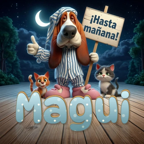 Perro con pijama de rayas y gorro de dormir, parado junto a dos gatitos pequeños sosteniendo un cartel de madera con la frase '¡Hasta mañana!', en un paisaje nocturno exterior bajo la luz de la media luna. El nombre está escrito con letra celeste punteada en blanco en el primer plano sobre el piso de madera. Nombre personalizado: Magui.