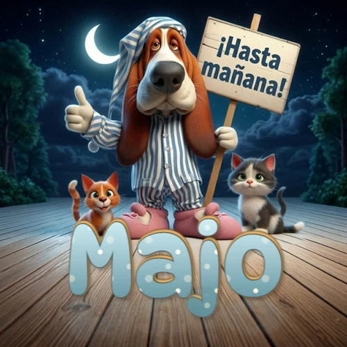 Perro con pijama de rayas y gorro de dormir, parado junto a dos gatitos pequeños sosteniendo un cartel de madera con la frase '¡Hasta mañana!', en un paisaje nocturno exterior bajo la luz de la media luna. El nombre está escrito con letra celeste punteada en blanco en el primer plano sobre el piso de madera. Nombre personalizado: Majo. Perro con pijama de rayas y gorro de dormir, parado junto a dos gatitos pequeños sosteniendo un cartel de madera con la frase '¡Hasta mañana!', en un paisaje nocturno exterior bajo la luz de la media luna. El nombre está escrito con letra celeste punteada en blanco en el primer plano sobre el piso de madera. Nombre personalizado: Majo.