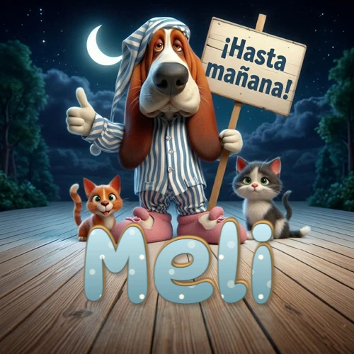 Perro con pijama de rayas y gorro de dormir, parado junto a dos gatitos pequeños sosteniendo un cartel de madera con la frase '¡Hasta mañana!', en un paisaje nocturno exterior bajo la luz de la media luna. El nombre está escrito con letra celeste punteada en blanco en el primer plano sobre el piso de madera. Nombre personalizado: Meli.