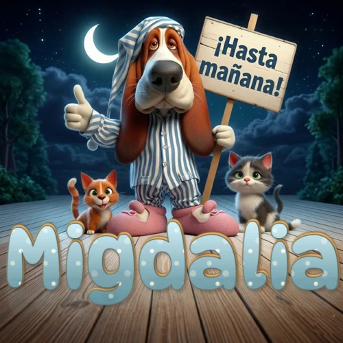 Perro con pijama de rayas y gorro de dormir, parado junto a dos gatitos pequeños sosteniendo un cartel de madera con la frase '¡Hasta mañana!', en un paisaje nocturno exterior bajo la luz de la media luna. El nombre está escrito con letra celeste punteada en blanco en el primer plano sobre el piso de madera. Nombre personalizado: Migdalia.