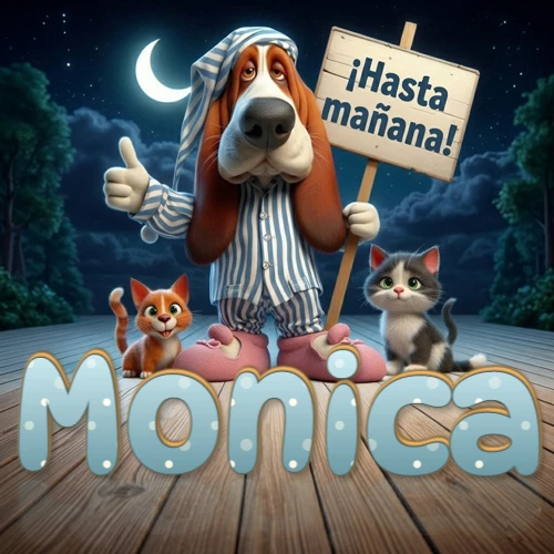 Perro con pijama de rayas y gorro de dormir, parado junto a dos gatitos pequeños sosteniendo un cartel de madera con la frase '¡Hasta mañana!', en un paisaje nocturno exterior bajo la luz de la media luna. El nombre está escrito con letra celeste punteada en blanco en el primer plano sobre el piso de madera. Nombre personalizado: Monica.