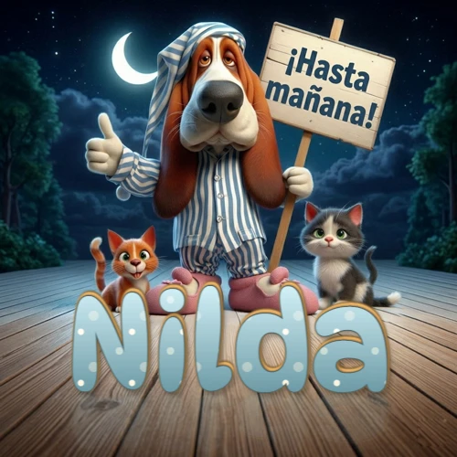 Perro con pijama de rayas y gorro de dormir, parado junto a dos gatitos pequeños sosteniendo un cartel de madera con la frase '¡Hasta mañana!', en un paisaje nocturno exterior bajo la luz de la media luna. El nombre está escrito con letra celeste punteada en blanco en el primer plano sobre el piso de madera. Nombre personalizado: Nilda.
