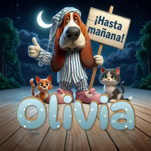 Perro con pijama de rayas y gorro de dormir, parado junto a dos gatitos pequeños sosteniendo un cartel de madera con la frase '¡Hasta mañana!', en un paisaje nocturno exterior bajo la luz de la media luna. El nombre está escrito con letra celeste punteada en blanco en el primer plano sobre el piso de madera. Nombre personalizado: Olivia.