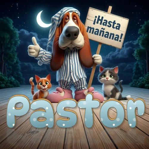 Perro con pijama de rayas y gorro de dormir, parado junto a dos gatitos pequeños sosteniendo un cartel de madera con la frase '¡Hasta mañana!', en un paisaje nocturno exterior bajo la luz de la media luna. El nombre está escrito con letra celeste punteada en blanco en el primer plano sobre el piso de madera. Nombre personalizado: Pastor.