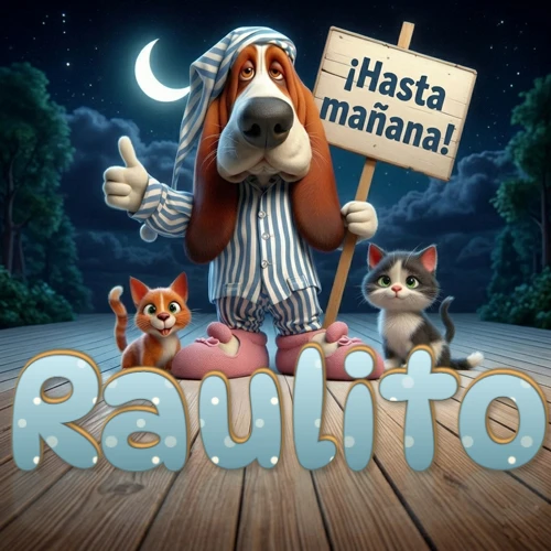 Perro con pijama de rayas y gorro de dormir, parado junto a dos gatitos pequeños sosteniendo un cartel de madera con la frase '¡Hasta mañana!', en un paisaje nocturno exterior bajo la luz de la media luna. El nombre está escrito con letra celeste punteada en blanco en el primer plano sobre el piso de madera. Nombre personalizado: Raulito.