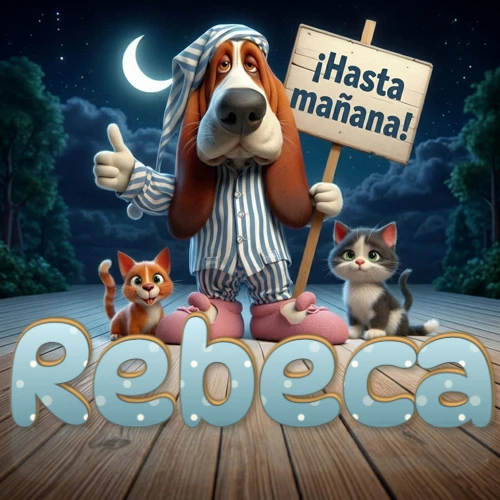 Perro con pijama de rayas y gorro de dormir, parado junto a dos gatitos pequeños sosteniendo un cartel de madera con la frase '¡Hasta mañana!', en un paisaje nocturno exterior bajo la luz de la media luna. El nombre está escrito con letra celeste punteada en blanco en el primer plano sobre el piso de madera. Nombre personalizado: Rebeca.