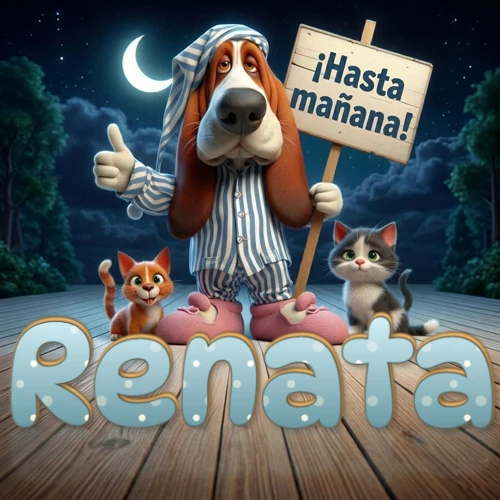Perro con pijama de rayas y gorro de dormir, parado junto a dos gatitos pequeños sosteniendo un cartel de madera con la frase '¡Hasta mañana!', en un paisaje nocturno exterior bajo la luz de la media luna. El nombre está escrito con letra celeste punteada en blanco en el primer plano sobre el piso de madera. Nombre personalizado: Renata.