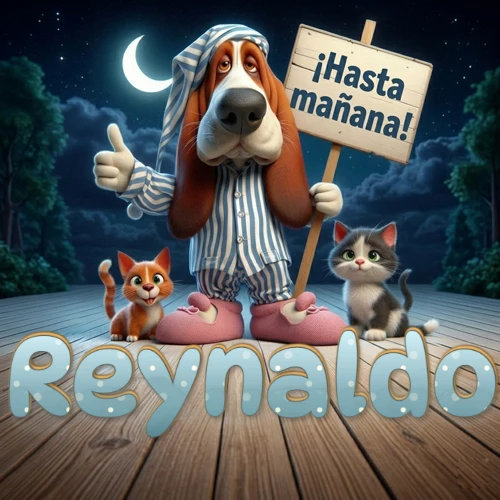 Perro con pijama de rayas y gorro de dormir, parado junto a dos gatitos pequeños sosteniendo un cartel de madera con la frase '¡Hasta mañana!', en un paisaje nocturno exterior bajo la luz de la media luna. El nombre está escrito con letra celeste punteada en blanco en el primer plano sobre el piso de madera. Nombre personalizado: Reynaldo. Perro con pijama de rayas y gorro de dormir, parado junto a dos gatitos pequeños sosteniendo un cartel de madera con la frase '¡Hasta mañana!', en un paisaje nocturno exterior bajo la luz de la media luna. El nombre está escrito con letra celeste punteada en blanco en el primer plano sobre el piso de madera. Nombre personalizado: Reynaldo.