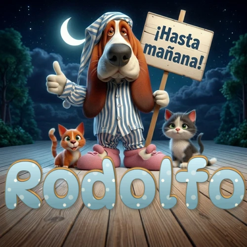 Perro con pijama de rayas y gorro de dormir, parado junto a dos gatitos pequeños sosteniendo un cartel de madera con la frase '¡Hasta mañana!', en un paisaje nocturno exterior bajo la luz de la media luna. El nombre está escrito con letra celeste punteada en blanco en el primer plano sobre el piso de madera. Nombre personalizado: Rodolfo.